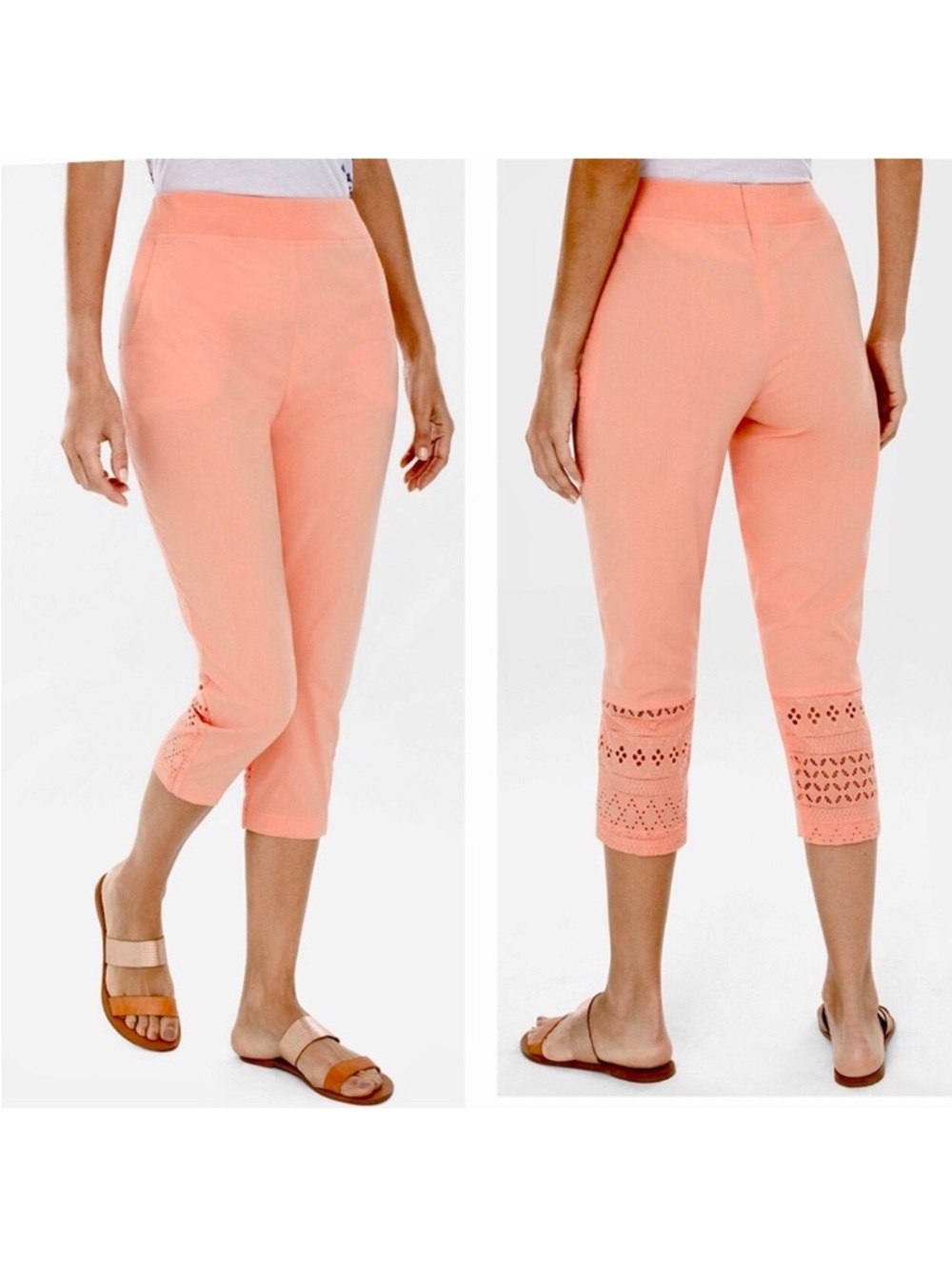 Chico’s Zenergy Eyelet Washed Crop Pants Women’s Size 8 Pull On Pockets Colorful